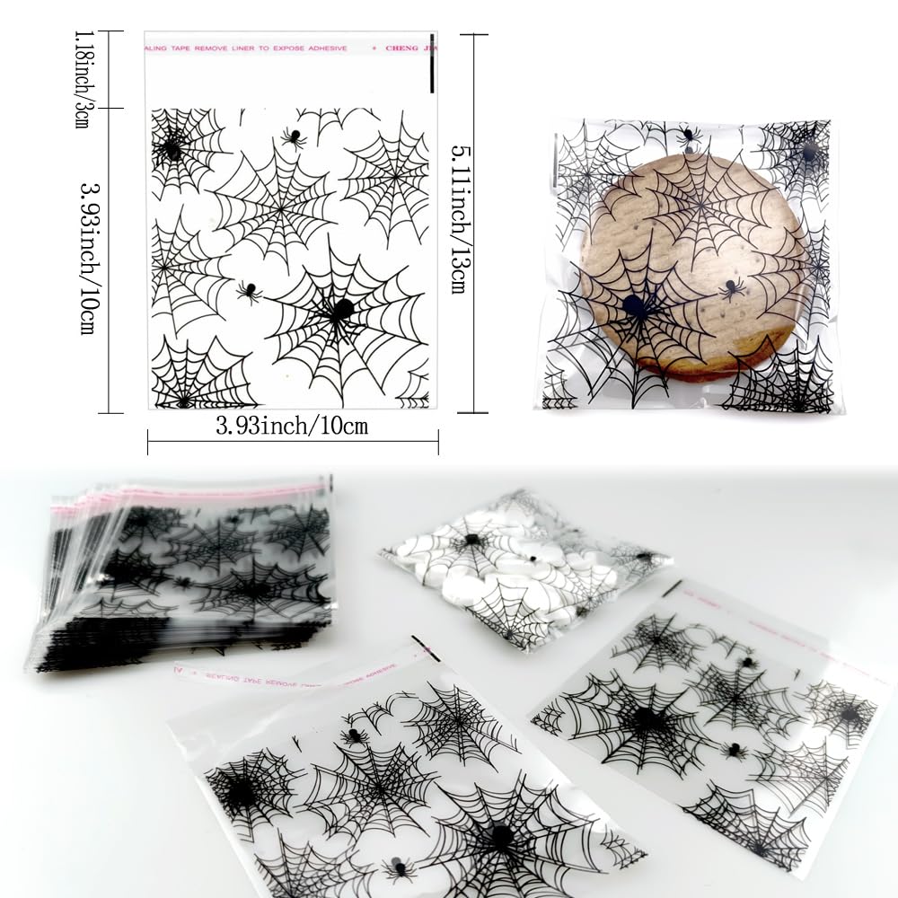 FAZHBARY 100 PCS Halloween Spider Web Treat Bags 4x5 inches Clear Plastic Cellophane Goodie Bags for Party Favor Supplies