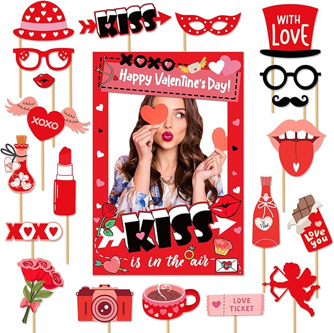 GARBODIY 21PCS Valentine's Day Party Photo Booth Props Kit - Funny Couple Handheld Frame & Selfie Decorations for Romantic...