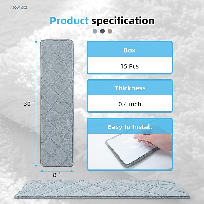 Art3d Stair Treads for Wooden Steps 15Pcs, 8" X 30" X 0.4“ Non Slip Stair Runner Rugs with Reusable Adhesive for Elders Kids and Dogs, Machine Washable Peel and Stick Stair Treads Carpet, Gray