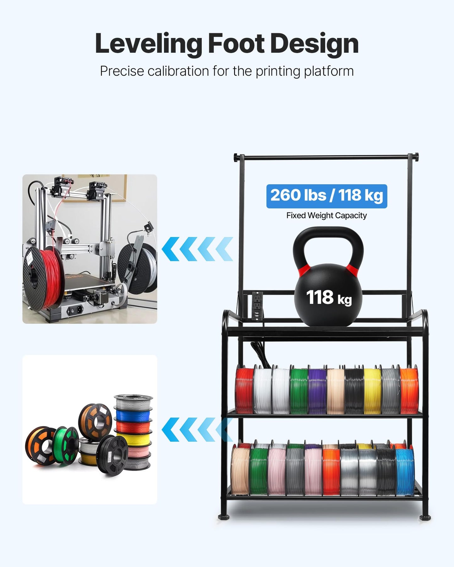 Vevor 3D Printer Filament Storage Rack, 3-Tier 3D Printer Stand With Filament Storage, Spools Holder Racks Cart With Wheels, Fil