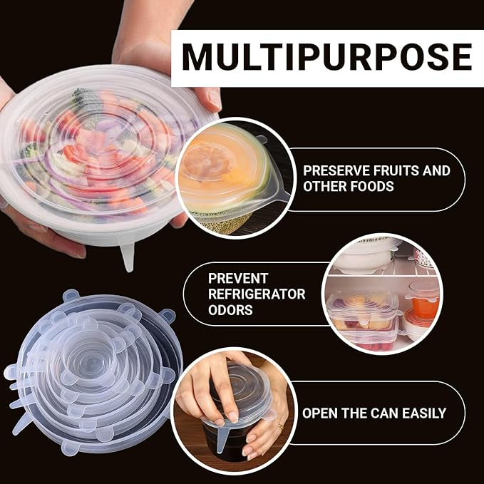 4 Pack 9.8in Reusable Silicone Stretch Lids, Silicone Bowl Covers for Food Storage, Universal Stretchable Lids for Containers Produce, Elastic Expandable Seal Cover, Microwave Freezer Safe