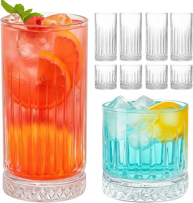 Ruckae Drinking Glasses Set of 8,15 oz and 7 oz Kitchen Water Glass Cups Set,Clear Ribbed Glassware Dishwasher Safe,Mixed ...