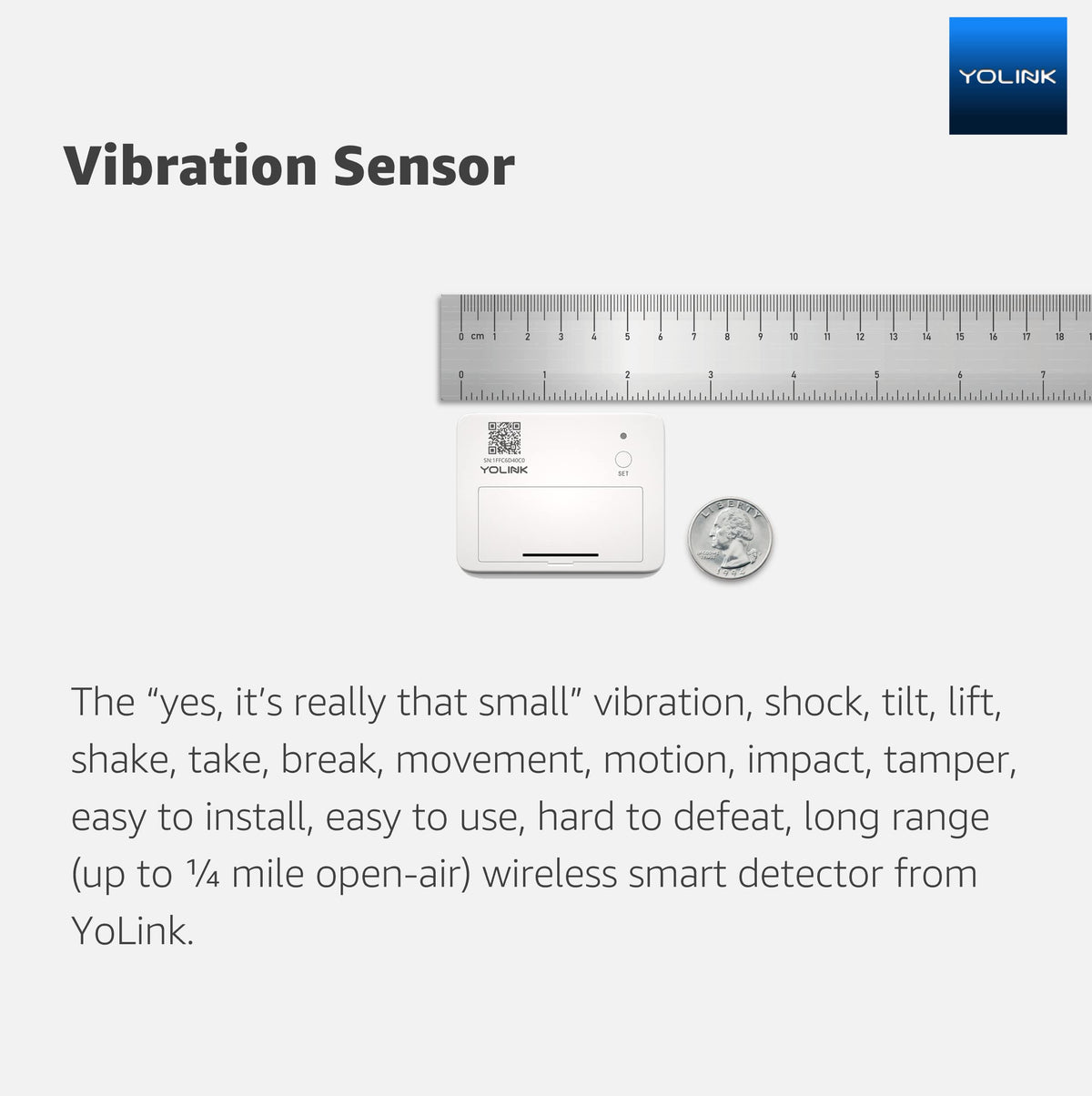 YoLink LoRa Smart Vibration Sensor; Smart Shock, Glass Break, Tamper, Movement Detector, Generator Running, Email/SMS/Push Alerts, 1/4 Mile Open Air Range, Alexa, Hub is not Included