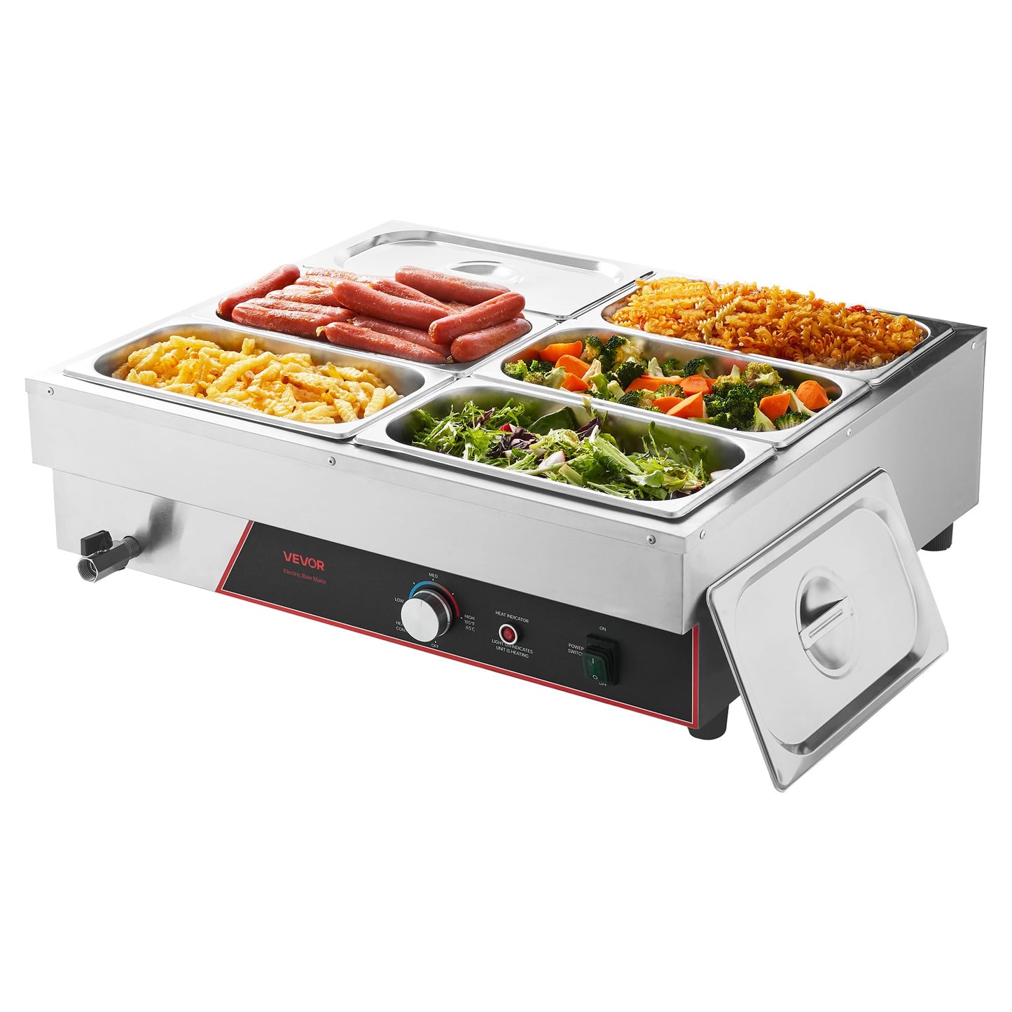 VEVOR Commercial Food Warmer, 1500W Electric Stainless Steel Steam Food Warming with Lid, 6-Pan Fast Heating Countertop Buffet Bain Marie with Power Cord, for Catering, Restaurant, Party & Buffets