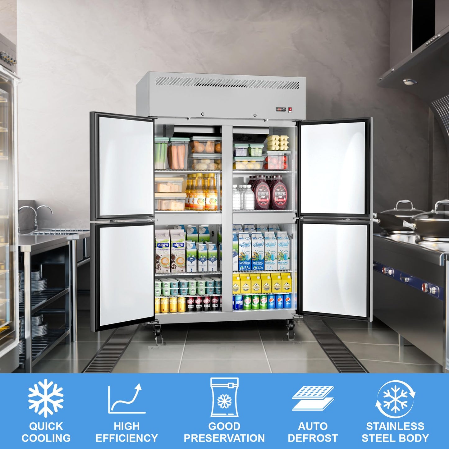 Commercial Refrigerator 48"W 4 Door Stainless Steel Reach-in Solid Door Upright Fridge Fan Cooling 36 Cu.ft Refrigerators 33-41°F for Restaurant, Bar, Shop