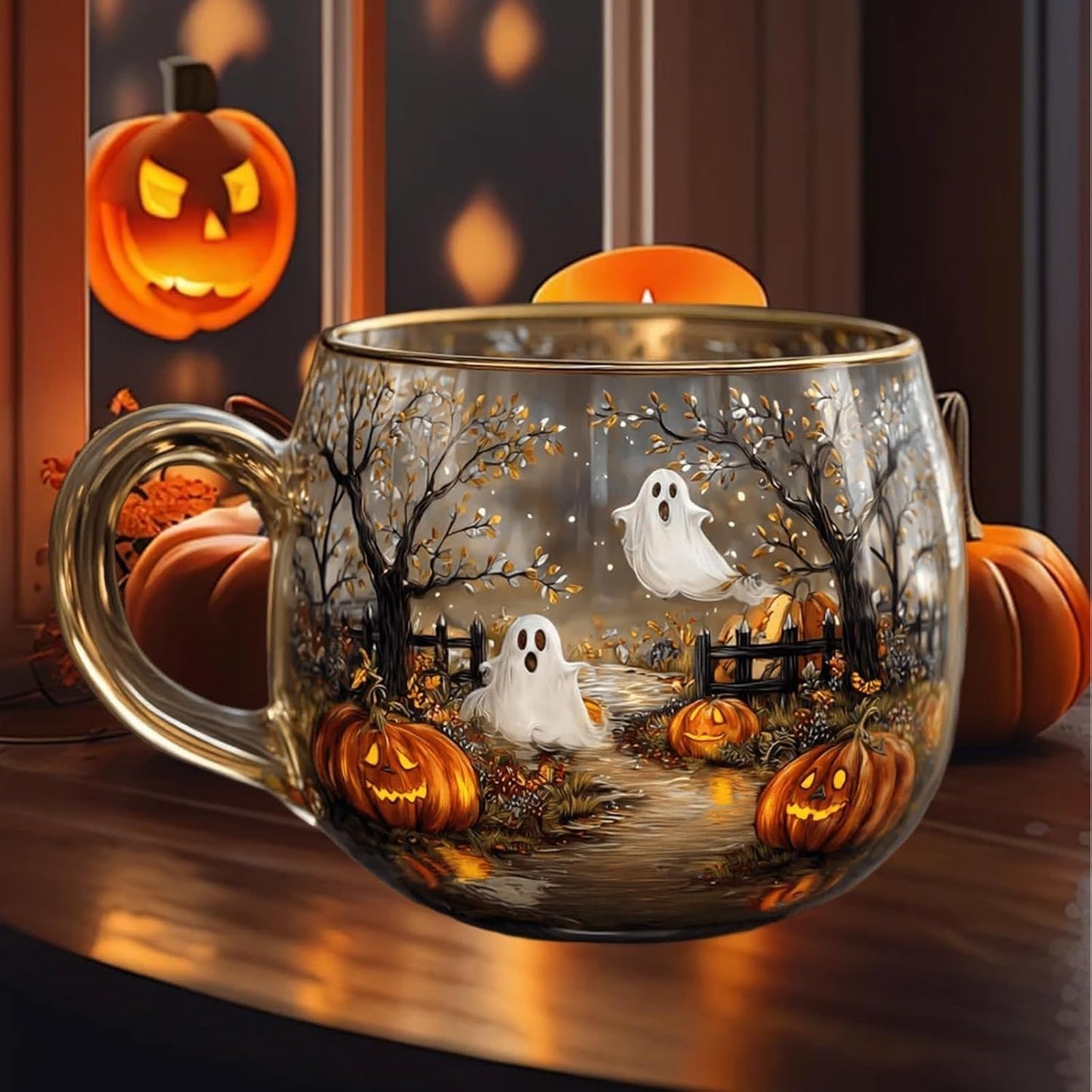 Haunted Path Halloween Mug, Painted Halloween and Pumpkins Ceramic Mug, Spooky Fall Pumpkin Ghost Cup for Halloweens Gifts, Fall Decor, Microwave Safe, A Perfect Choice for Drinks(1PC)
