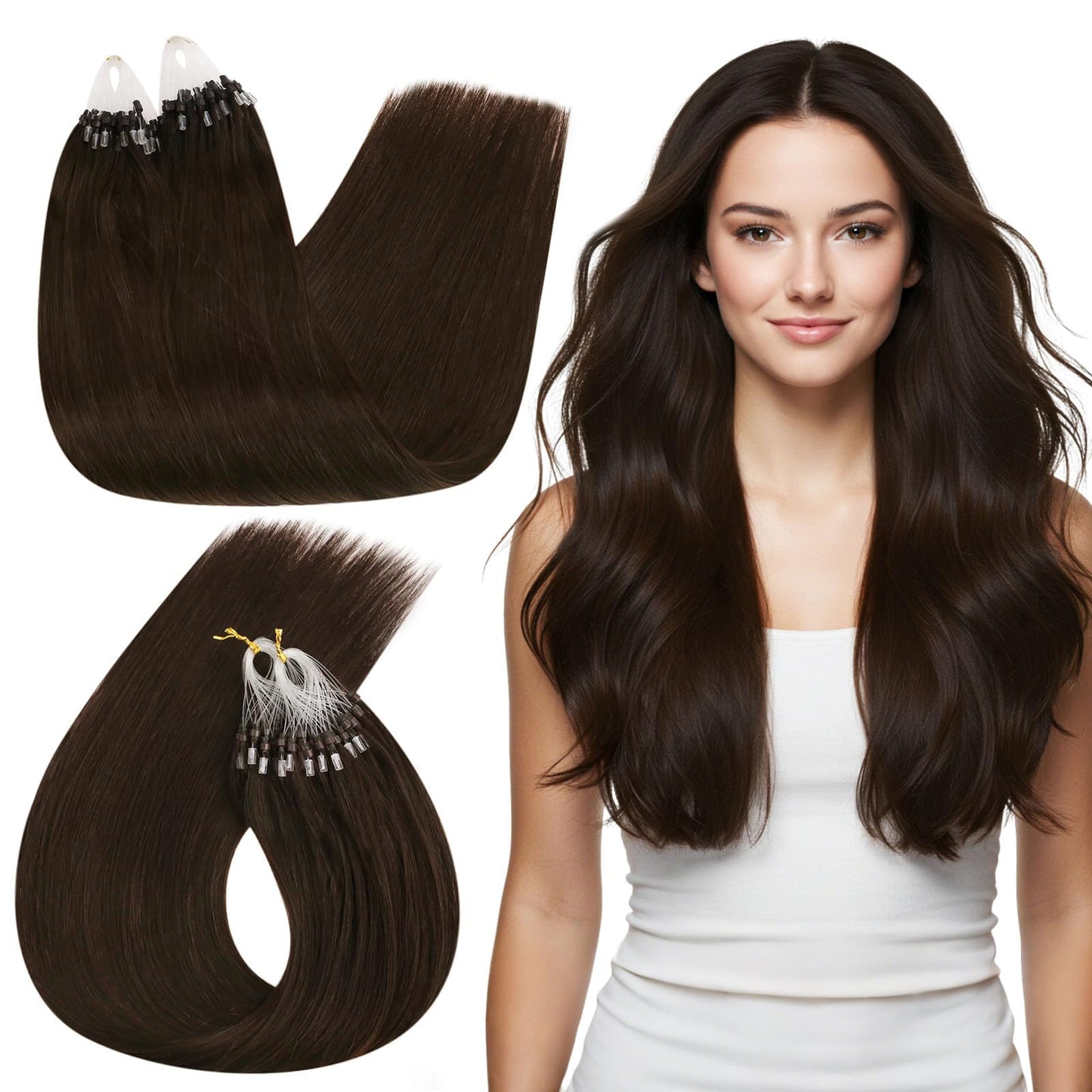 Ugeat Brown MicroLink Hair Extensions Human Hair 24 Inch Dark Brown Micro Bead Hair Extensions Real Human Hair Long Length 1g/s