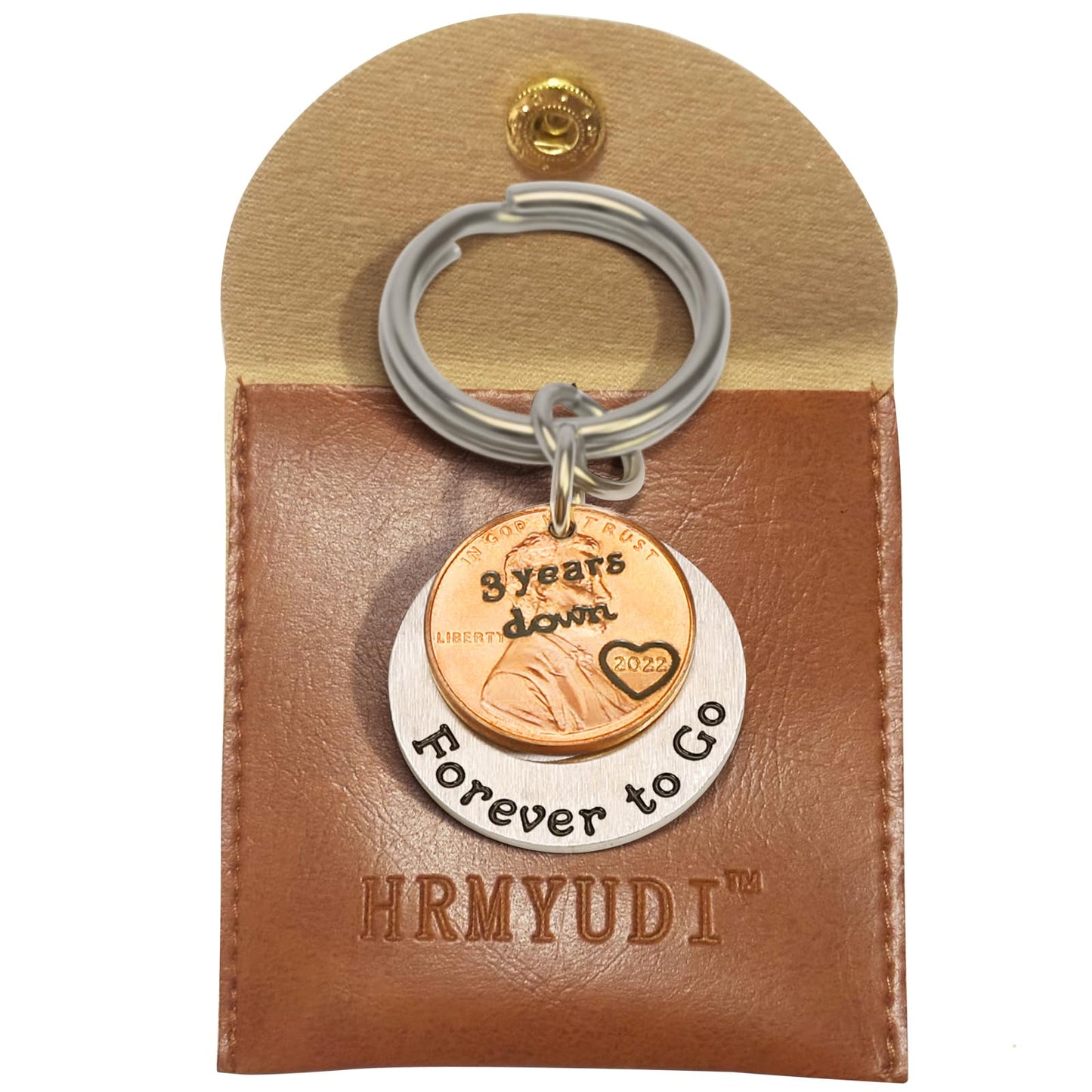 HRMYUDI 3 Years Anniversary Copper Gift for Man Woman, Coin Keychain with a 2022 Penny, 3 Years Down and Forever To Go Keyring, Third Anniversary Copper Gift for Him Her