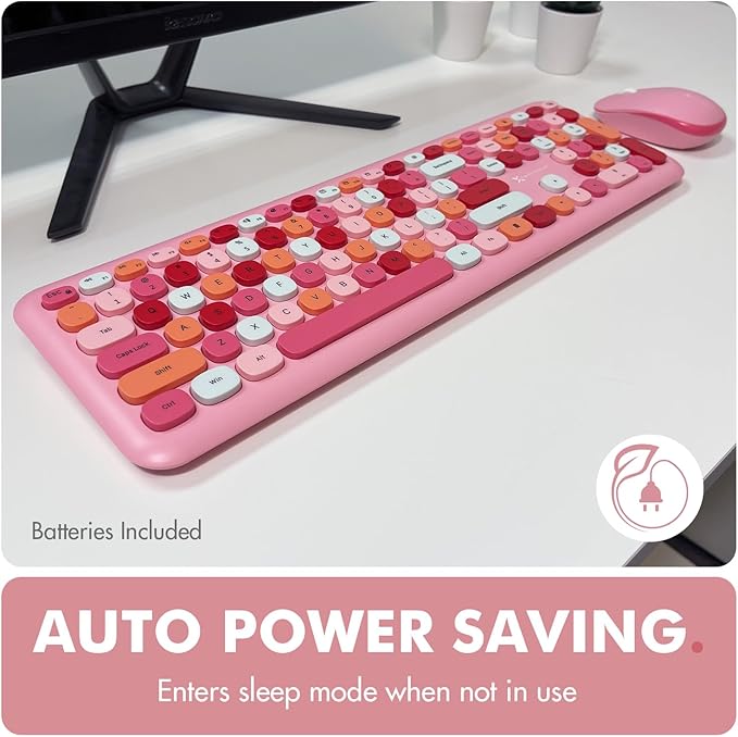 X9 Pink Cute Wireless Keyboard and Mouse Combo - 2.4G Retro Typewriter-Style with Aesthetic Bubble Keys - Colorful Hot Pink Keyboard and Mouse Wireless Combo for PC, Laptop, Windows & Chrome