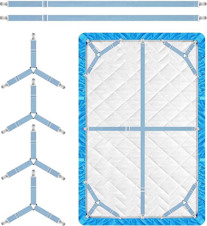 Bed Sheet Holder Straps, 4+2 Pcs Adjustable Mattress Sheet Clips, Bed Sheet Fasteners Elastic Sheet Suspenders to Keep Bed Sheet in Place for Different Beds (Blue)