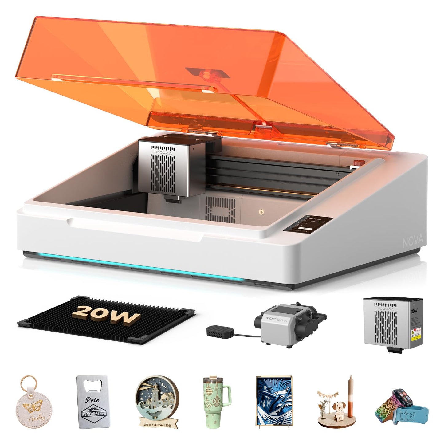 TOOCAA NOVA 20W Smart AI Laser Engraver Cutter w/Air Assist, Fully Assembled Enclosed, 5MP AI Positioning Camera & Auto Focus, Dual Exhaust, Class1 Safety, Blade Cut Panel, No-Riser Tumbler Engraving