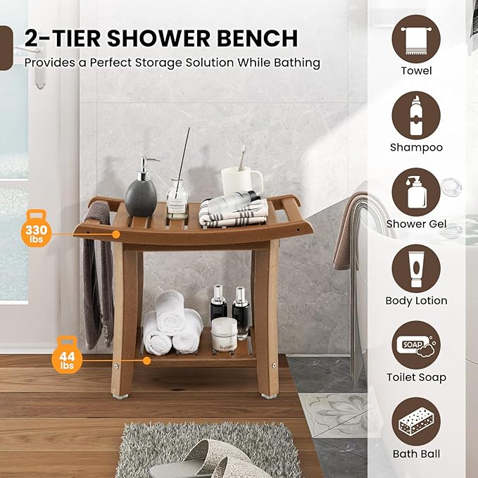 GOFLAME 2-Tier Shower Bench, Spa Bath Shower Stool with Curved Seat, 2 Easy-to-Grip Handles, Storage Shelf & Non-Slip Foot Pads, Waterproof Shower Chair for Bathroom, Living Room, Entryway, Brown