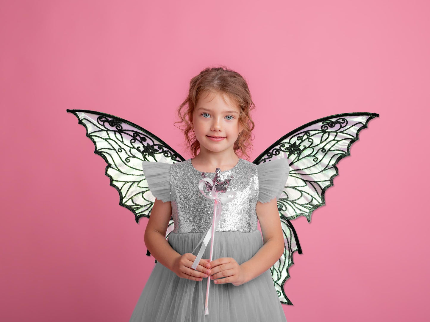 YKW Fairy Wings for Women with Lace Gloves, Large Butterfly Cosplay Wings, Iridescent Costume Wings for Party Photography Props Adult Dress Up Accessories(Black)