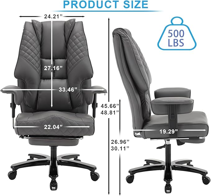 KCREAM 500lb Big and Tall Reclining Office Chair with Footrest, PU Leather Executive Computer Chair with Wheels Recliner Home Desk Chairs with Lumbar Support Swivel Task Chair for Heavy People,Grey