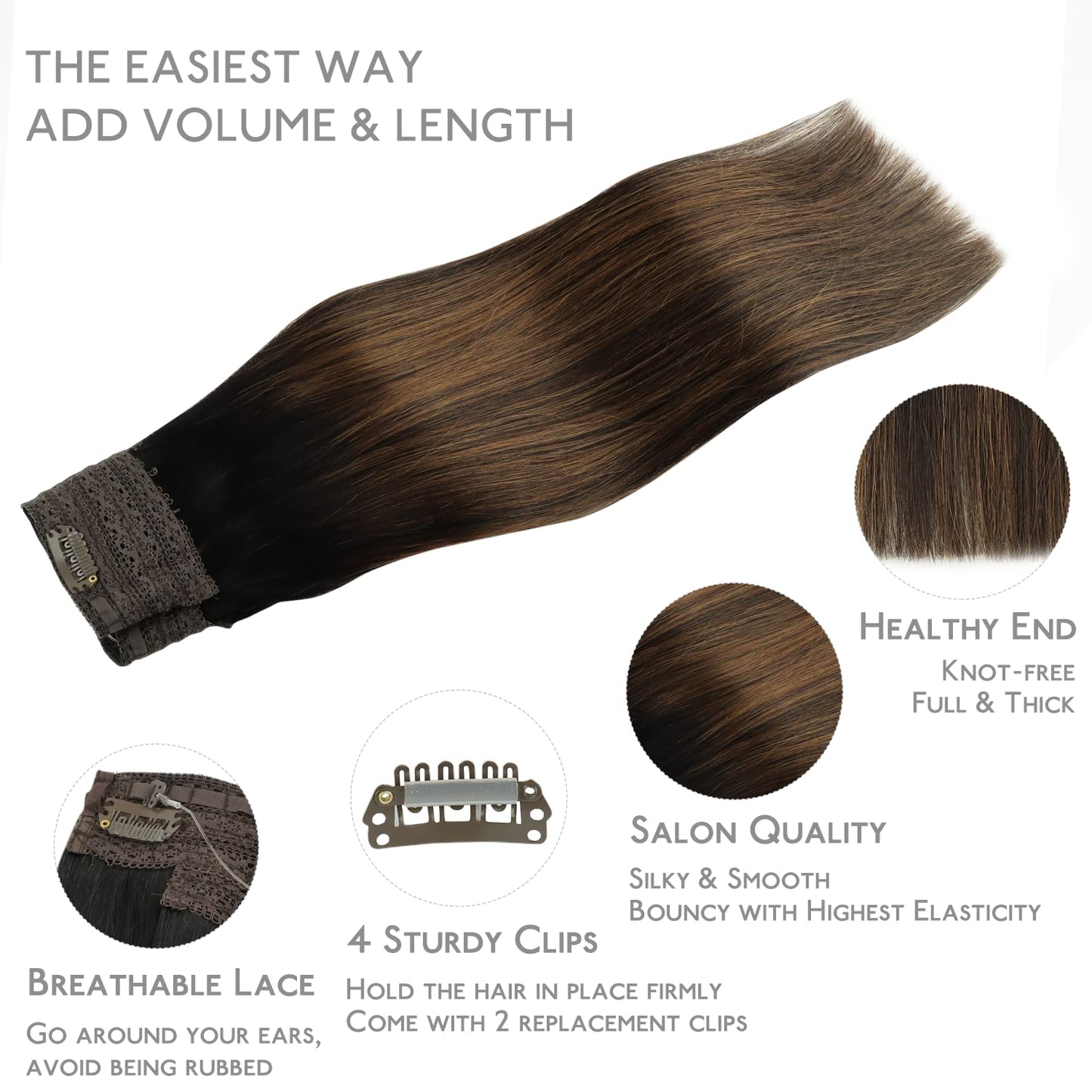 WENNALIFE Wire Hair Extensions (Increase 50% Lifespan) Real Human Hair 22 inch 150g Balayage Natural Black to Chestnut Brown Rem