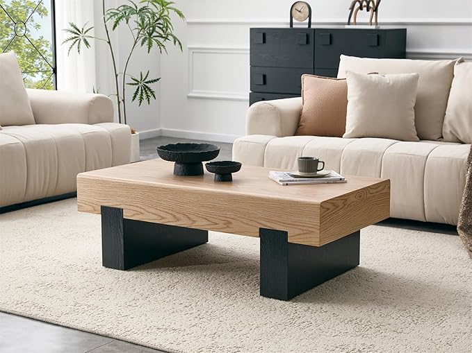LKTART 46'' Rectangle Coffee Table for Living Room, Natural Wood Grain Pattern Thick Sturdy Legs Coffee Table with Storage for Dining Room Apartment Small Space (Natural Wood)