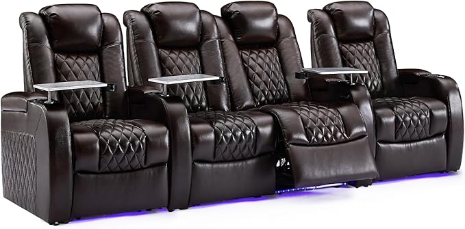 Weilianda Home Theater Seating Top Grain Leather Zero Gravity Recliner Chair Power Headrest Recline Movie Seat Gaming 7 Colors Mood Light Sofa with Tray Table USB Charge Row of 4 Loveseat Middle Brown