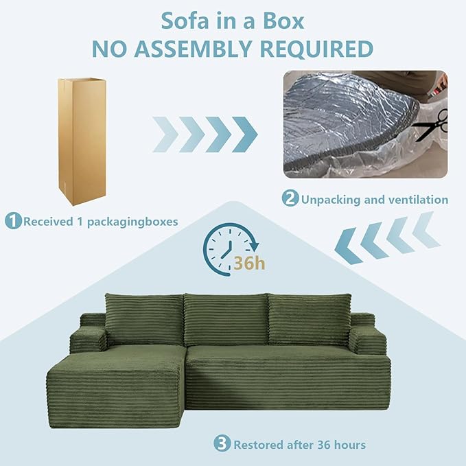 96" Cloud Sectional Couch with L-Shape Chaise, Modern Corduroy Boneless Couch for Living Room,Memory Foam Sofa with Deep Seat,No Assembly Required (Green,Left-Facing Chaise)