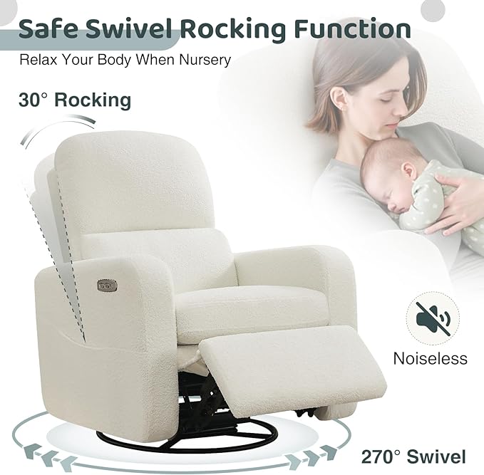 AEMEIOS Power Swivel Rocker Recliner, Oversized Boucle Nursery Glider Recliner, Swivel Rocking Reclining Chair with Removable Cushion and Lumbar Support for Nursery Living Room Bedroom, Teddy White