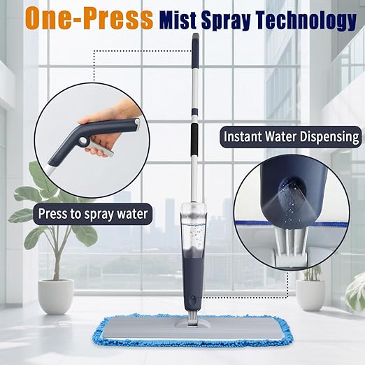 24" Dry mops for Floor Cleaning, Microfiber mop Spray System, Commercial Heavy-Duty Wet mops with 28oz Big Tank, 2 Washable Pads, Restaurant, Lobby, Pool, Factory, Office, Warehouse, Concert, Library