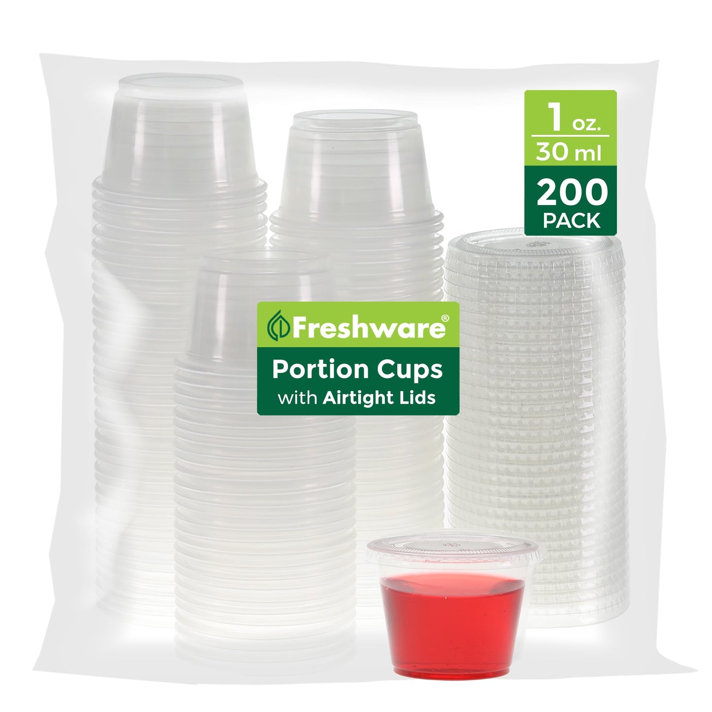 Freshware Plastic Portion Cups with Lids [1 Ounce, 200 Sets] Disposable Plastic Cups for Meal Prep, Salad Dressing, Jellos Shot Cups, Souffle Cups, Condiment and Dipping Sauce Cups