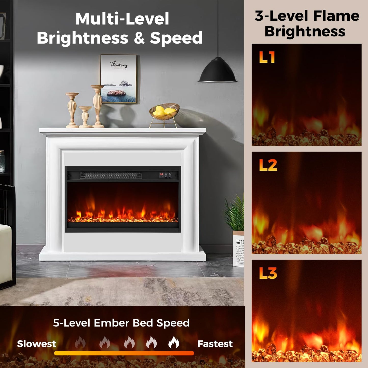 COSTWAY 23 Inch Recessed Fireplace Heater, Electric Fireplace Insert w/Multi-Color Flame & Crystal Ember Bed, Remote Control, 9H Timer, Built-in Thermostat & Overheat Protection, 1500W
