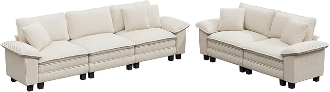 MIXPATIO L-Shaped Cloud Modular Sofa Set with Chaise Lounge, 5-Piece Sectional & Deep Seat, Plush Corduroy w/Removable Arms for Living Room - Beige
