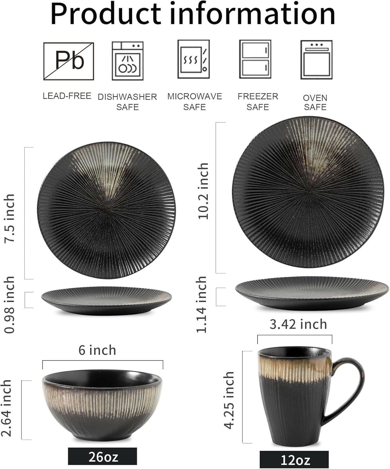 KOOV Ceramic Dinnerware Set of 16, Plates, Bowls, Cups & Dessert Plates for Party, Microwave & Dishwasher Safe, Stripe Series (Rough Black)