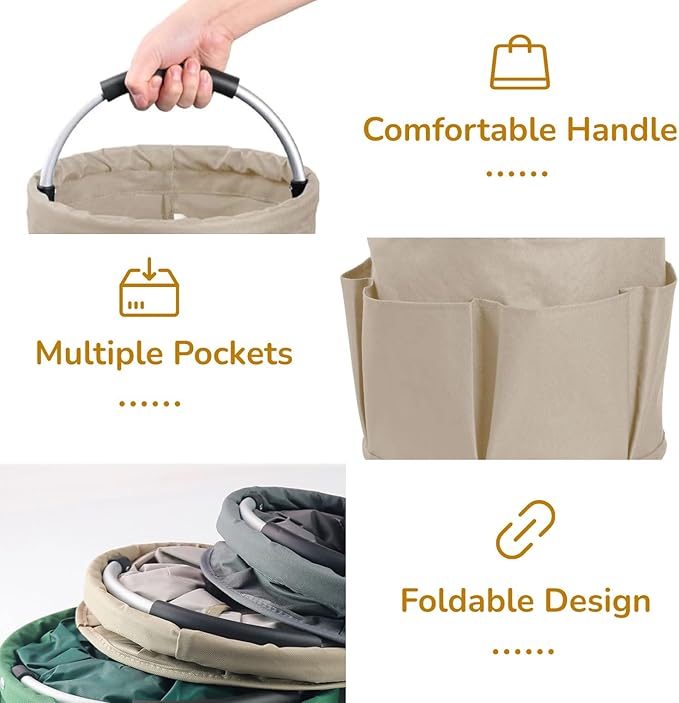 17L Foldable Storage Basket with 6 Side Pockets Cleaning Caddy with Handle Folding Storage Bin for Home Bathroom Camping Gardening (Khaki)