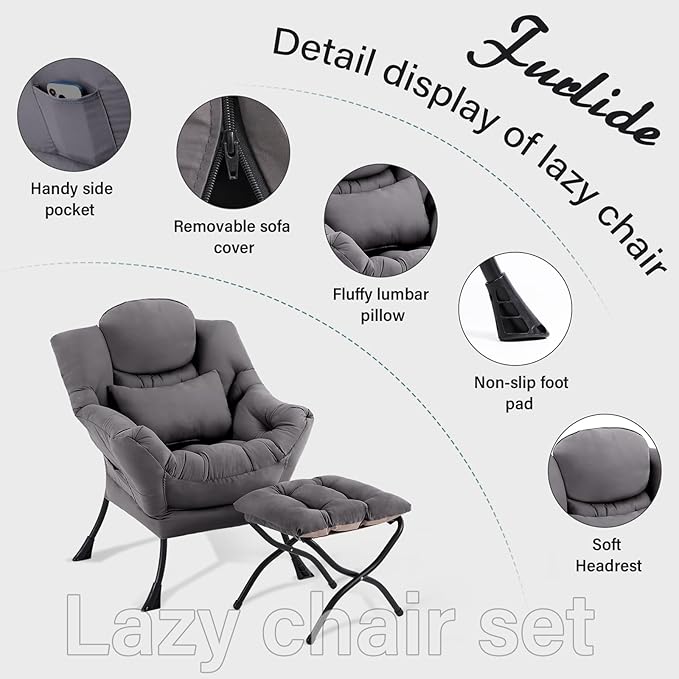 Furlide Lazy Chair with Ottoman, Comfy Fabric Accent Lounge Arm Chair with Lumbar Pillow and Folding Footrest, Reading Leisure Sofa Armchair for Bedroom, Living Room, Dorm,Dark Grey