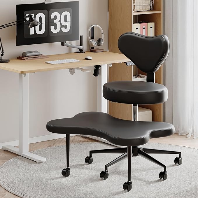 Nost & Host Cross Legged Office Chair with Wheels, 4INCH ADHD Chair for Adults, Meditation Chair, Height Adjustable Seat, Yoga Chair, PU Leather, Black