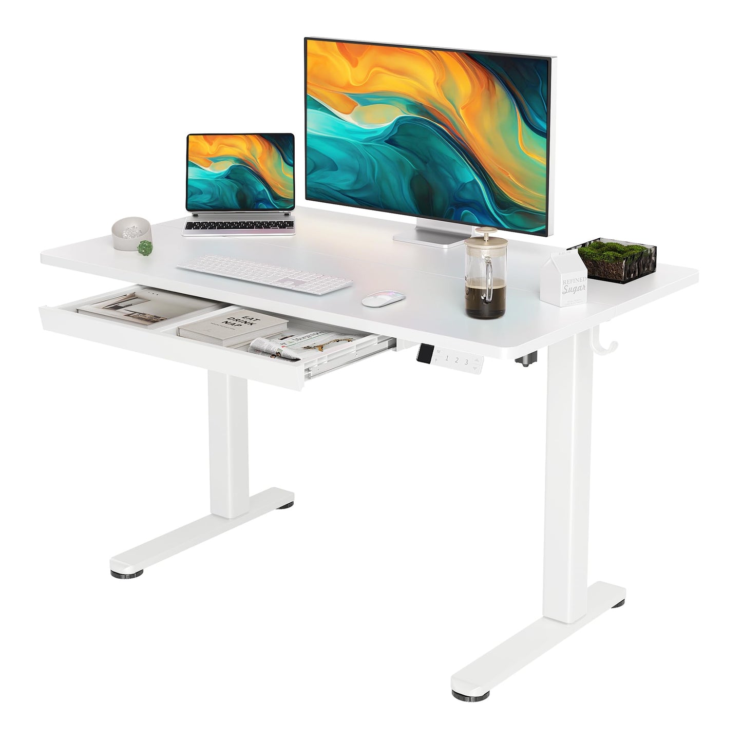 YDN Standing Desk with Drawers, 48 x 24 Inch White Standing Desks Electric Adjustable Height Desk for Computer Workstations, White
