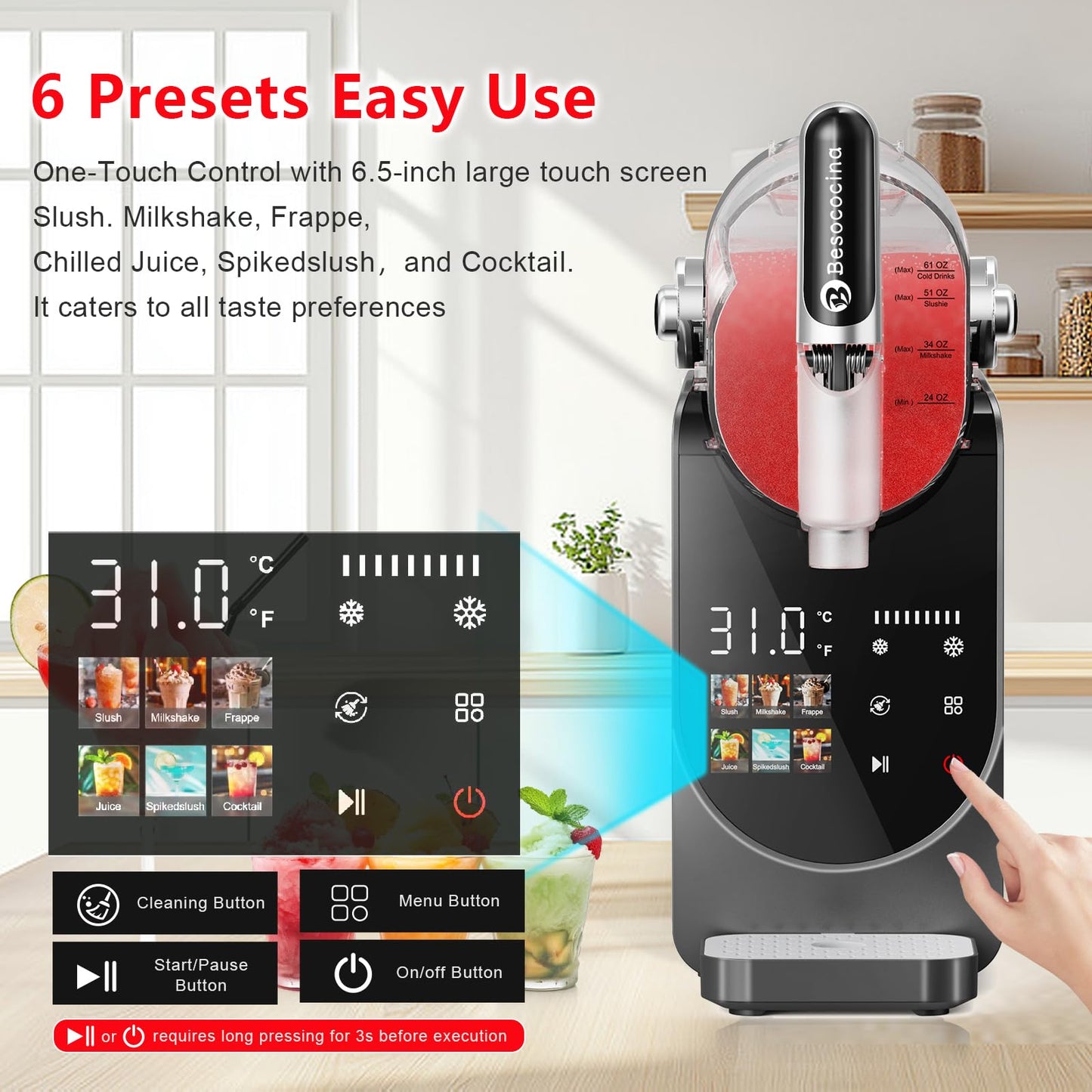 Slushie Machine 84oz, Slushy Machine for Home, Frozen Drink Machine with One-Touch Screen, 6 Preset Programs, Auto Clean, No Ice Needed, Dishwasher Safe Parts, for Margaritas, Frappés and More (84oz)