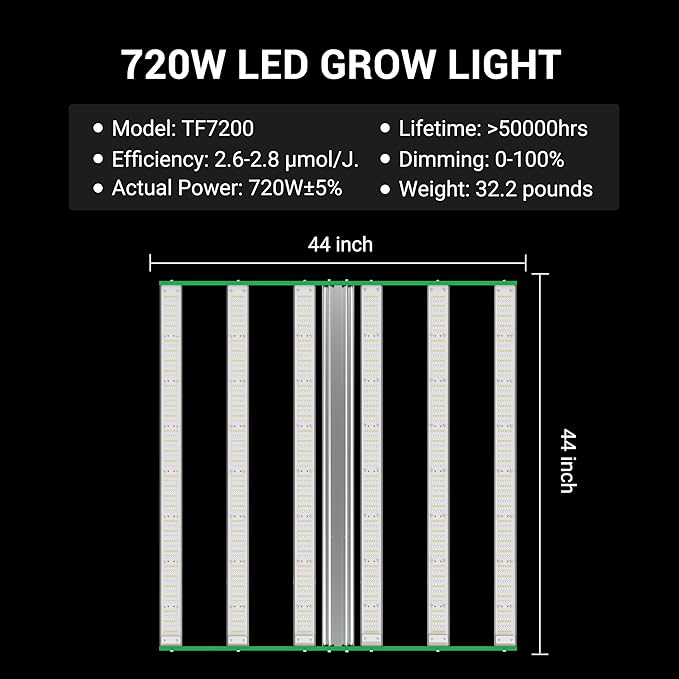 RDJ Bouns 720W LED Grow Light for 4x4/5x5 Grow Tent, 6 Bar 100V-277V LM281B+ and EPI Diodes, Full Spectrum Commercial, Overall Size 44" x 44", Daisy Chain 0-100 Dimmable, Perfect for Indoor Garden