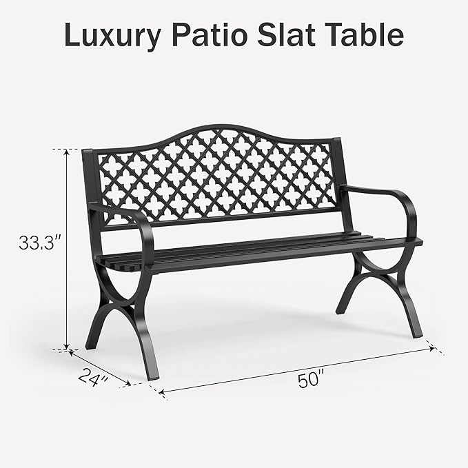 PHI VILLA 50" Garden Metal for Outdoors Weatherproof 2-Person Steel Furniture for Garden, Patio, Porch, Black