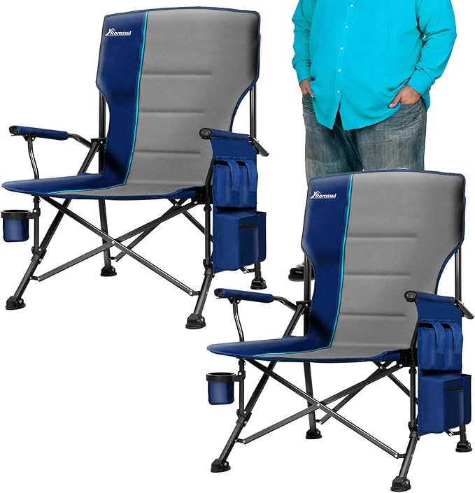 Romswi Oversized Camping Chairs 2 Pack with Hard Armrest Chair,Heavy Duty Supports 500LBS,Folding Chairs with Cup Holder for Outdoor,Beach,Garden,Fishing