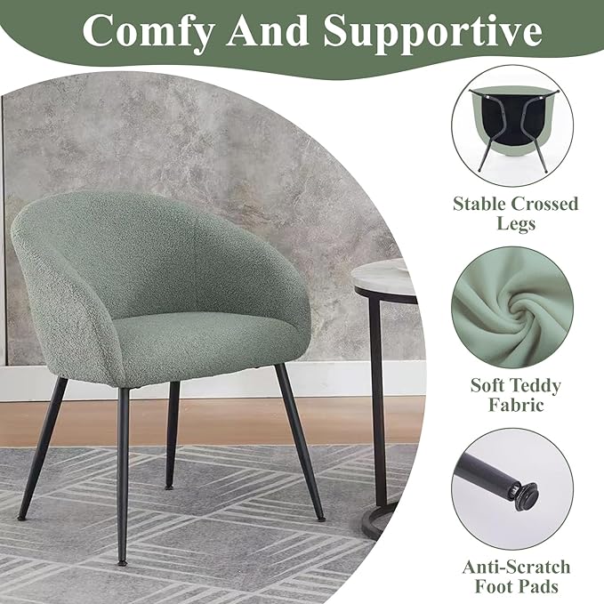 YDcosyfy Modern Small Accent Chair Set of 2, Comfy Sherpa Makeup Vanity Chair with Metal Legs, Decorative Chair no Wheels for Living Room, Dressing Room, Bedroom, Green