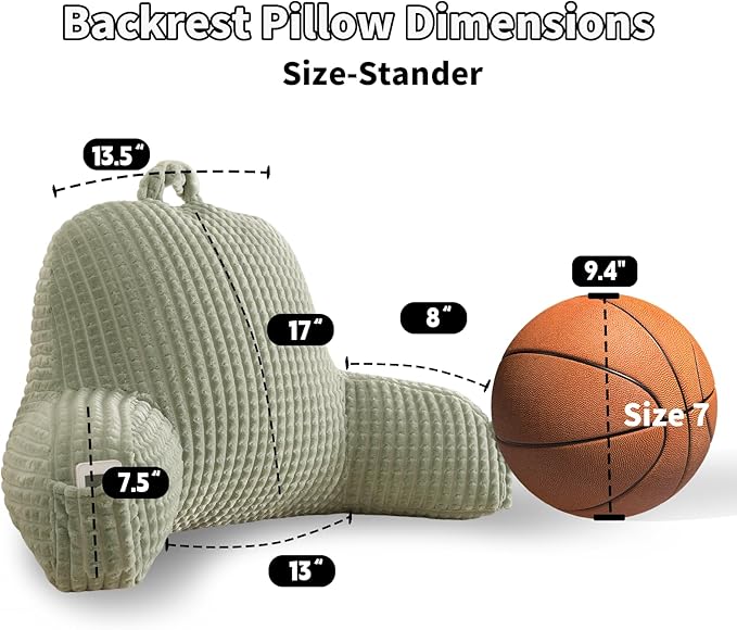 PAJEO Reading Pillow for Sitting in Bed, Large Backrest Reading Pillow with Arm Rest,Back-Rest Support Cushion for Sit Up on Couch, Sofa, and Floor, Dorm Essentials (Green Flannel, Standard(17inch))