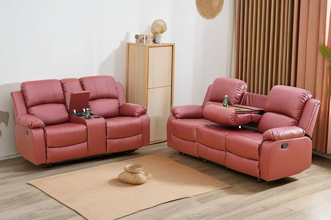 A Ainehome Living Room Furniture Set Leather Recliner Sofa Set Loveseat Chair Furniture Sofa Set for Living Room/Small Space/Rv/House/Office/Theater Seating (A-Red Leather, Sofa+Loveseat)