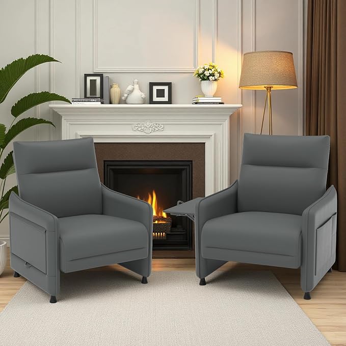 Tbillionnext Upholstered Accent Sofa, Modern Faux Leather Sofa Chair with Hidden Foldable Tray & Side Pocket, Rear Contour Arm Design, Small Accent Sofa for Bedroom, Gray