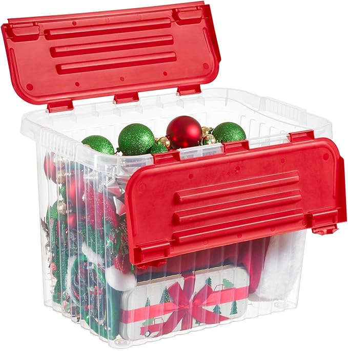 Superio Christmas Storage Box with Red Hinged Lids, Plastic Container Bins for Organizing with Attached Lid, Stackable Crates, BPA Free, Organizers for Home and Office, 27.5 Quart (17"x11.65"x12.25)