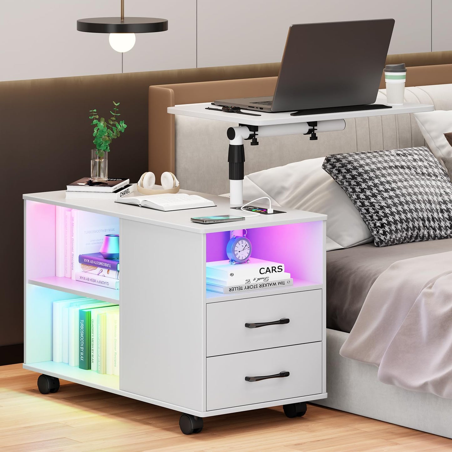 Gurexl 360° LED Nightstand with Wireless Charging Station, Movable Adjustable Bedside Table with Laptop Tray, Auto Sensor Night Stand with 24 Color Dimmable