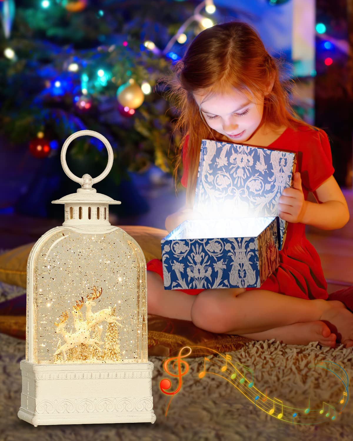 Reindeer Christmas Snow Globes Musical Lightde with 6H Timer Sparkly Swirling Snow Globe Lantern, Christmas Decor Winter Reindeer Gift, Battery or USB Powered White for Christmas Decoration (9.9Inch)