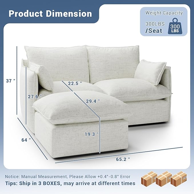 Lopzeho Cloud Modular Sectional Sofa, Waterproof Down Filled Sectional Sofa, High Backrest Loveseat Couch with Ottoman, Modern Modular Couch with Removable Cover, Cream White