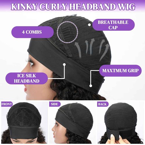 QCCSRR Headband Wig Human Hair Deep Wave 22 Inch Curly Headband Wigs for Black Women Glueless No Lace Half Wig Brazilian Virgin Hair Deep Curly Natural color