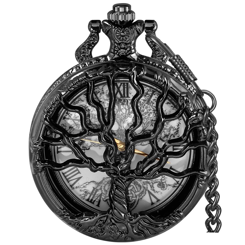 Tiong Pocket Watch Hollow Tree Design Roman Numerals Quartz with Chain Birthday Gifts(Black)