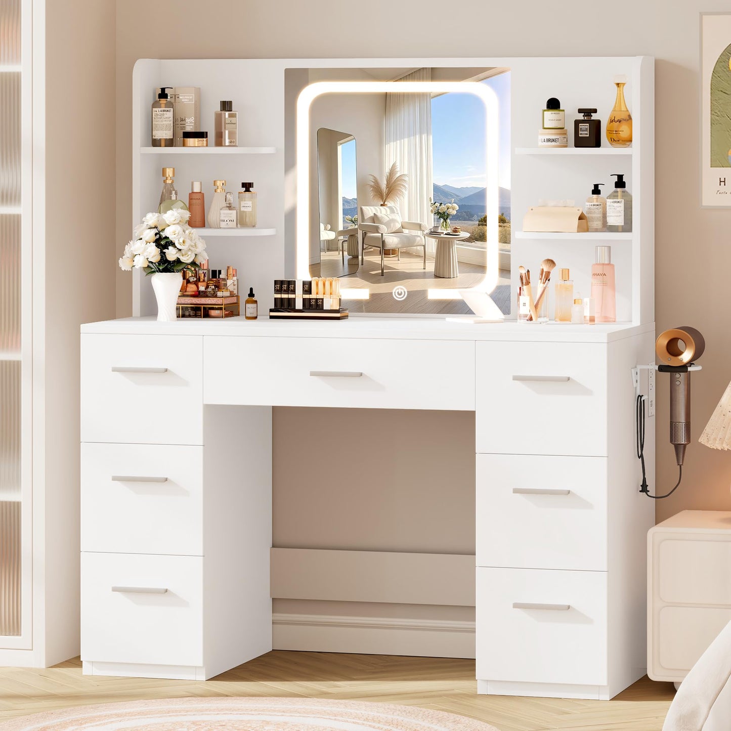 LIVELYGLOW 43" Large Makeup Vanity Desk with Smart LED Mirror and Charging Station, Professional Bedroom Dressing Table with 7 Drawers, 4 Storage Shelves & Hairdryer Holder, White