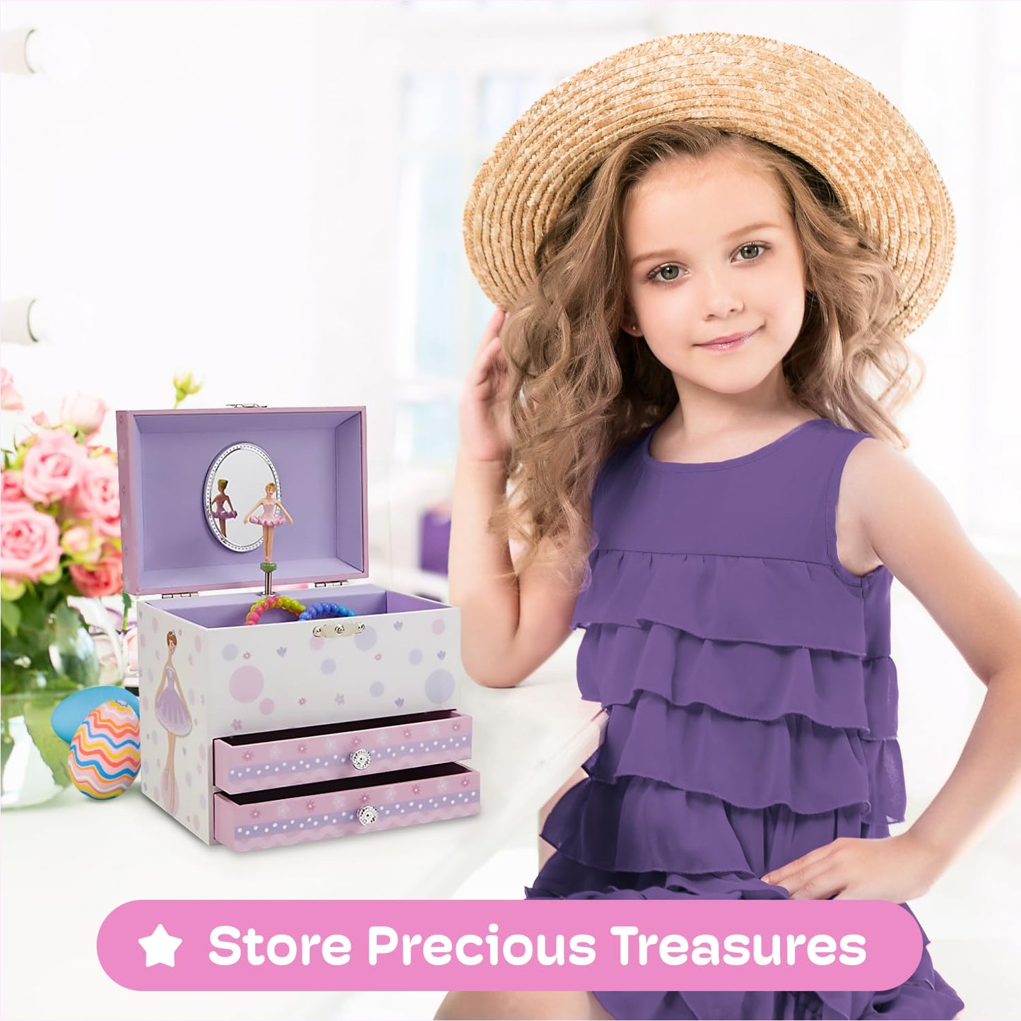 Jewelkeeper Jewelry Box for Girls with Ballerina and Music Box - Dual Drawers and Spacious Storage - Swan Lake Tune - White and Purple Jewelry Keepsake Chest - 6 x 6.75 x 5.25 Inches