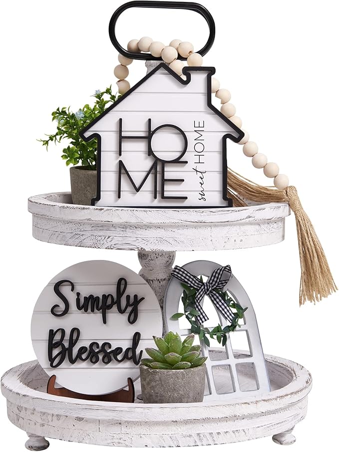 Houmury Rustic Farmhouse Tiered Tray Set with Succulent & Plant - Home Decor for Kitchens (Set of 8 Without Trays)