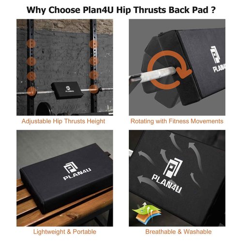 Plan4U Hip Thrust Back Pad for Squat Rack & Olympic Barbell Bar, Bench Press Back Pad, Versatile Space-Saving Workout Tilt-pad for Hip Thrust, Split Squat, Elevated Push-ups Glute Bridge Large